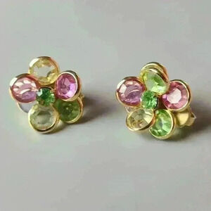 Vintage colorful glass flowers rhinestone gold tone earrings clip-on